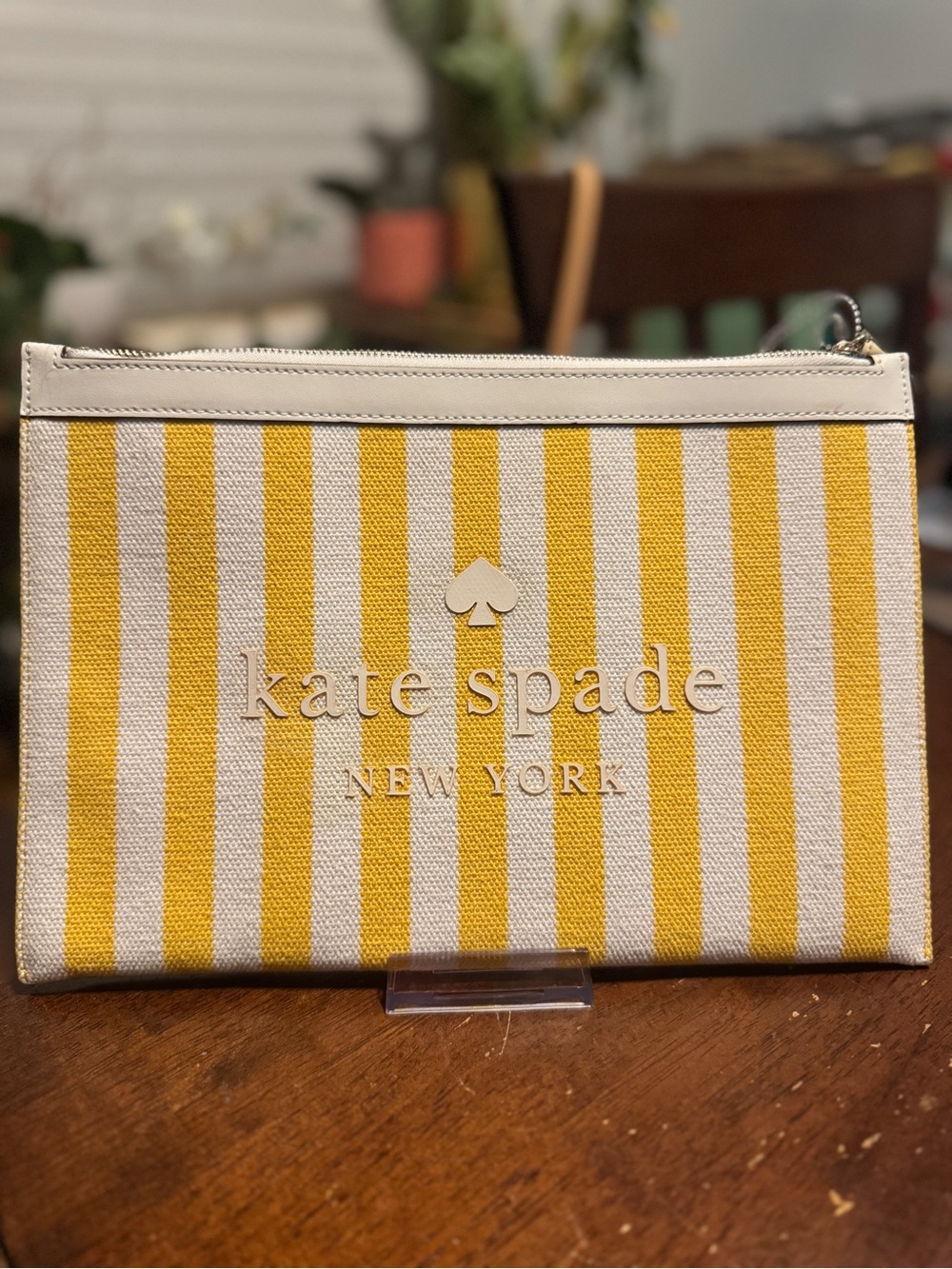 kate spade Yellow and White Striped Canvas Wristlet